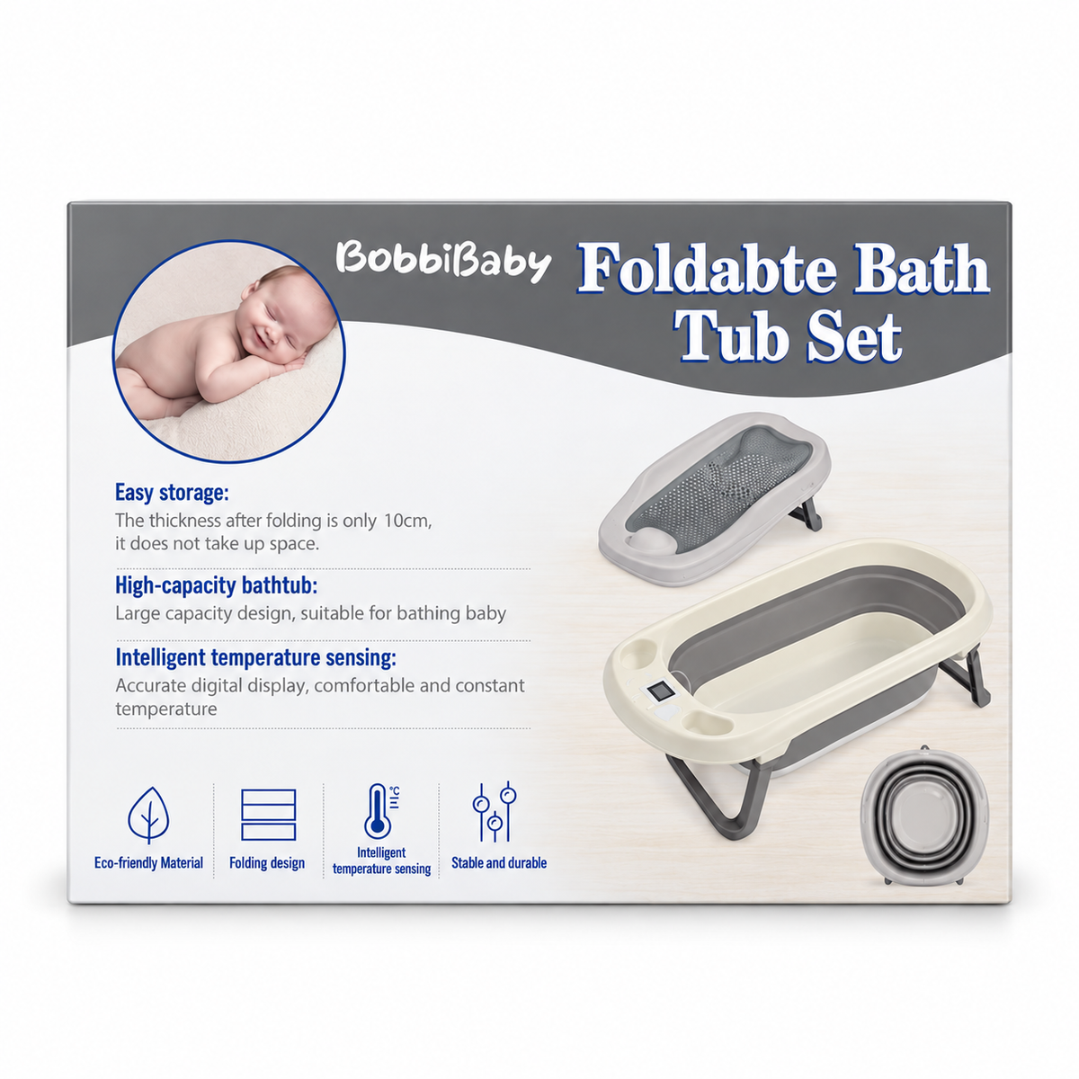 BobbiBaby Set Vaskë – Koritë e Palosshme për Bebe me Mbështetëse dhe Matës Digjital të Temperaturës