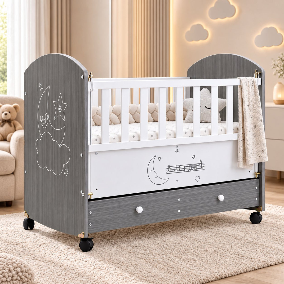 Shtrat Multifunksional për Bebe me Sirtar dhe Rrota – 105 × 55 cm