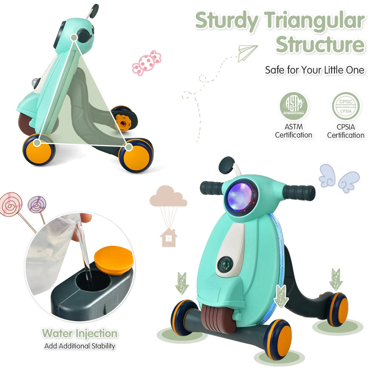 Baby Walker – Motoçikletë Ecëse – Shtytëse për Fëmijë me Drita dhe Muzikë – E Gjelbër