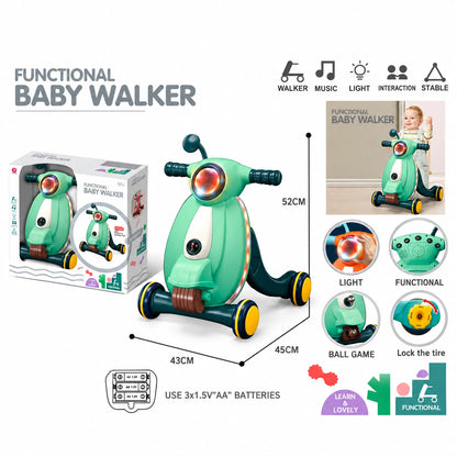 Baby Walker – Motoçikletë Ecëse – Shtytëse për Fëmijë me Drita dhe Muzikë – E Gjelbër