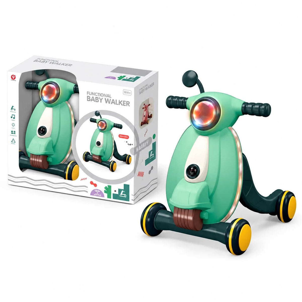 Baby Walker – Motoçikletë Ecëse – Shtytëse për Fëmijë me Drita dhe Muzikë – E Gjelbër