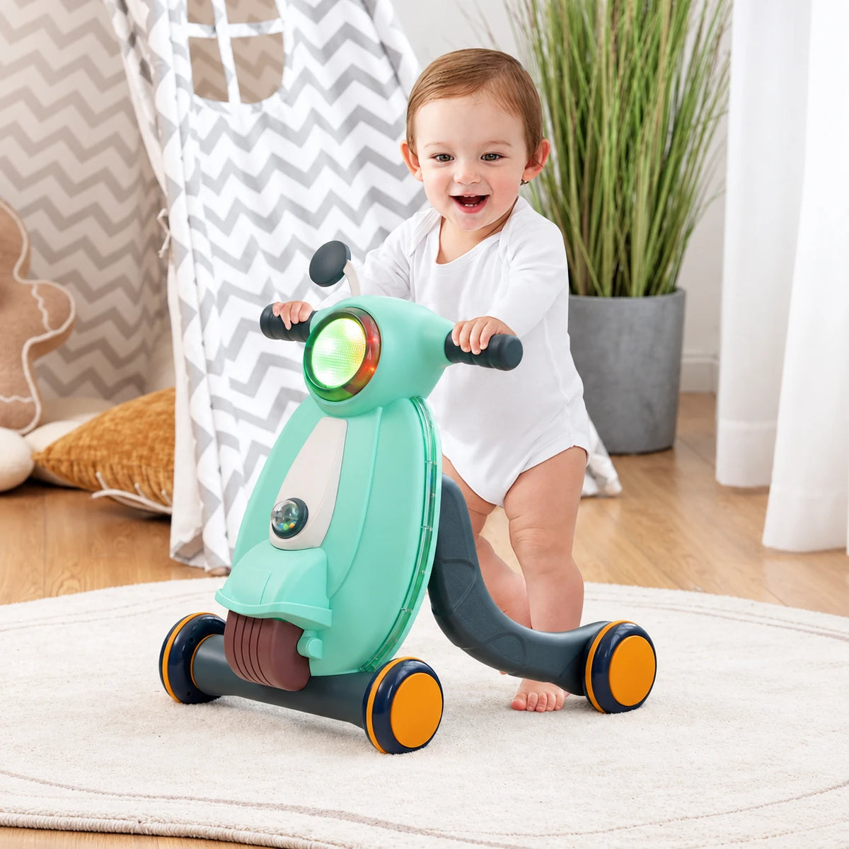 Baby Walker – Motoçikletë Ecëse – Shtytëse për Fëmijë me Drita dhe Muzikë – E Gjelbër