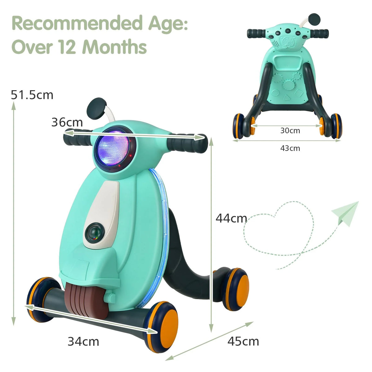 Baby Walker – Motoçikletë Ecëse – Shtytëse për Fëmijë me Drita dhe Muzikë – E Gjelbër