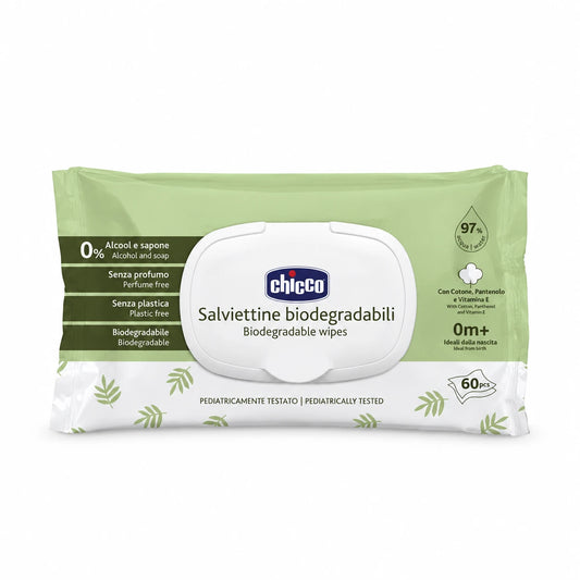 Chicco Biodegradable Baby Wipes – Peceta Biodegraduese për Bebe me 97% Ujë, 0M+