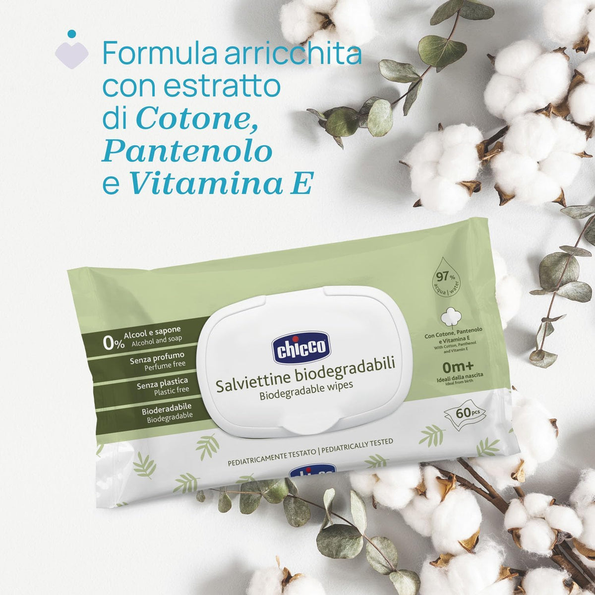Chicco Biodegradable Baby Wipes – Peceta Biodegraduese për Bebe me 97% Ujë, 0M+