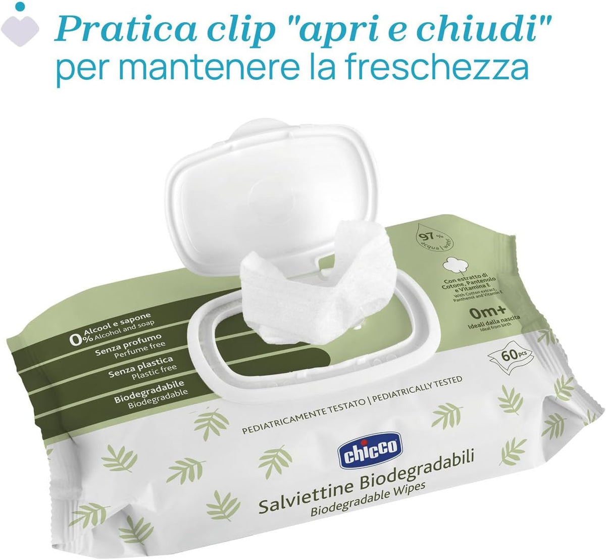 Chicco Biodegradable Baby Wipes – Peceta Biodegraduese për Bebe me 97% Ujë, 0M+