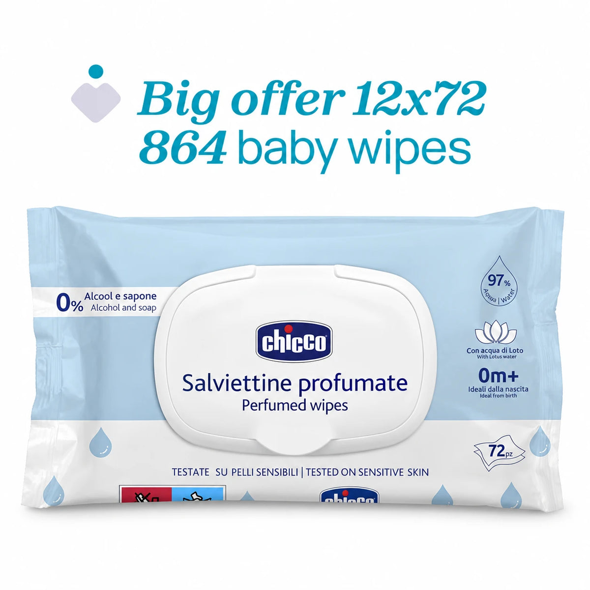 Chicco Multi-Purpose Baby Wipes – Peceta të Lagura për Bebe, 12 × 72 Copë