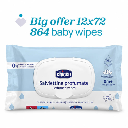 Chicco Multi-Purpose Baby Wipes – Peceta të Lagura për Bebe, 12 × 72 Copë