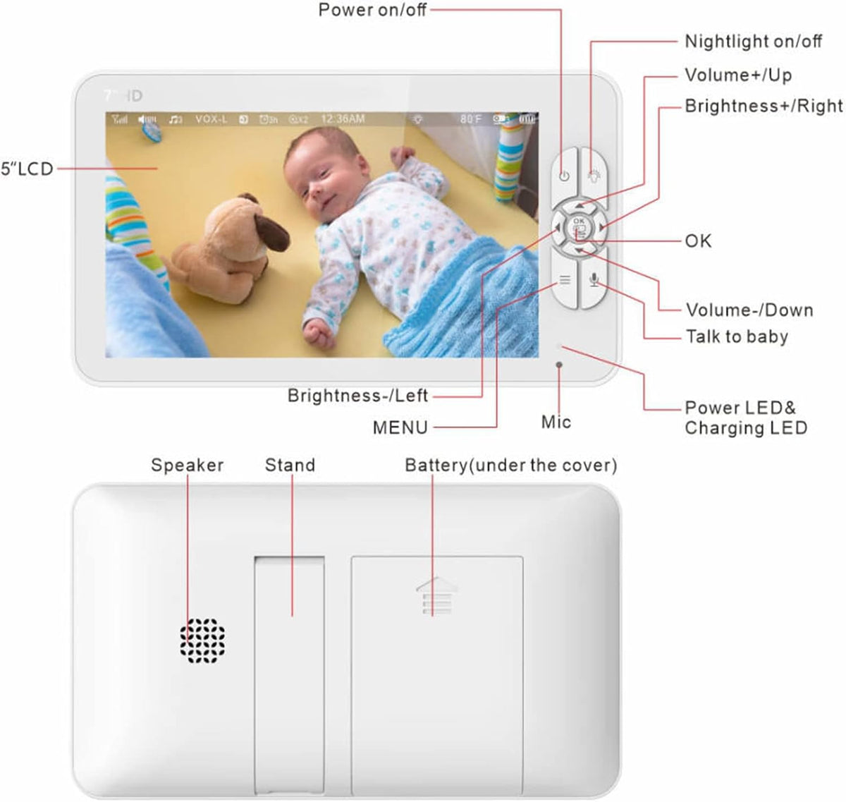 DARMLINK Baby Monitor 7″ HD me 2 Kamera – Night Vision, VOX dhe Zoom 4X