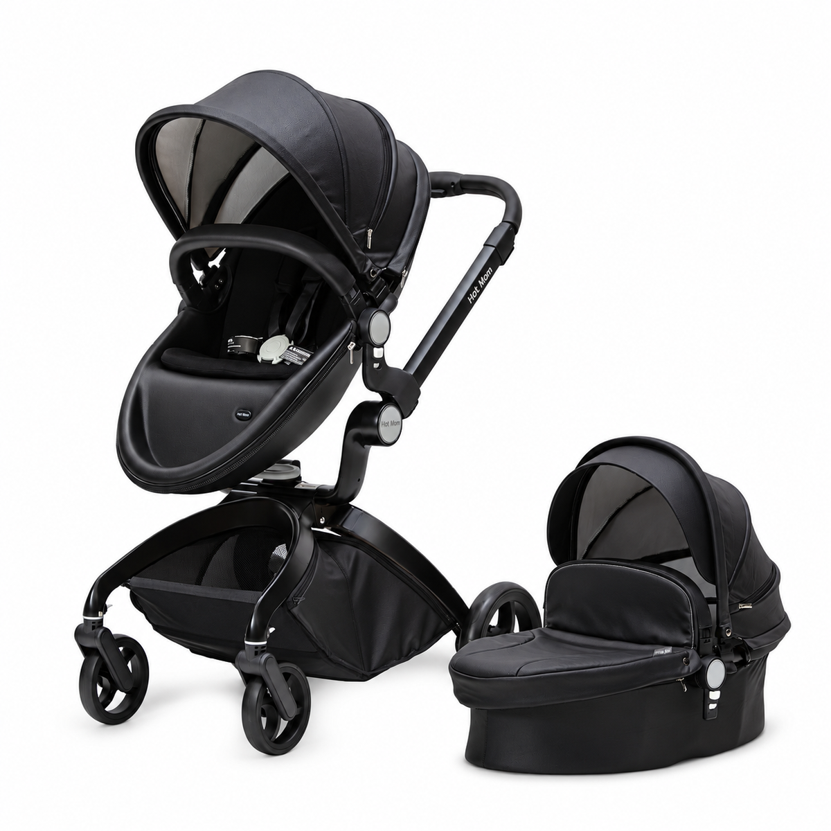 Hot Mom Cocoon Black – Karrocë Premium 2 në 1 me Shportë për Foshnjë