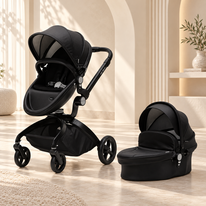Hot Mom Cocoon Black – Karrocë Premium 2 në 1 me Shportë për Foshnjë