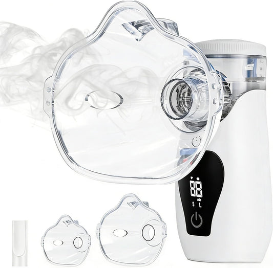 Inhalator Elektrik Portativ për Fëmijë dhe të Rritur – Nebulizator i Rikarikueshëm me Ekran LED, 2 Modalitete dhe Funksion Vetëpastrimi