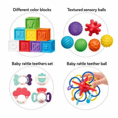 Kids Melody Set Dhuratë me Lodra Shqisore për Bebe – Kube, Topa, Rraketake dhe Kafshuese, 0M+