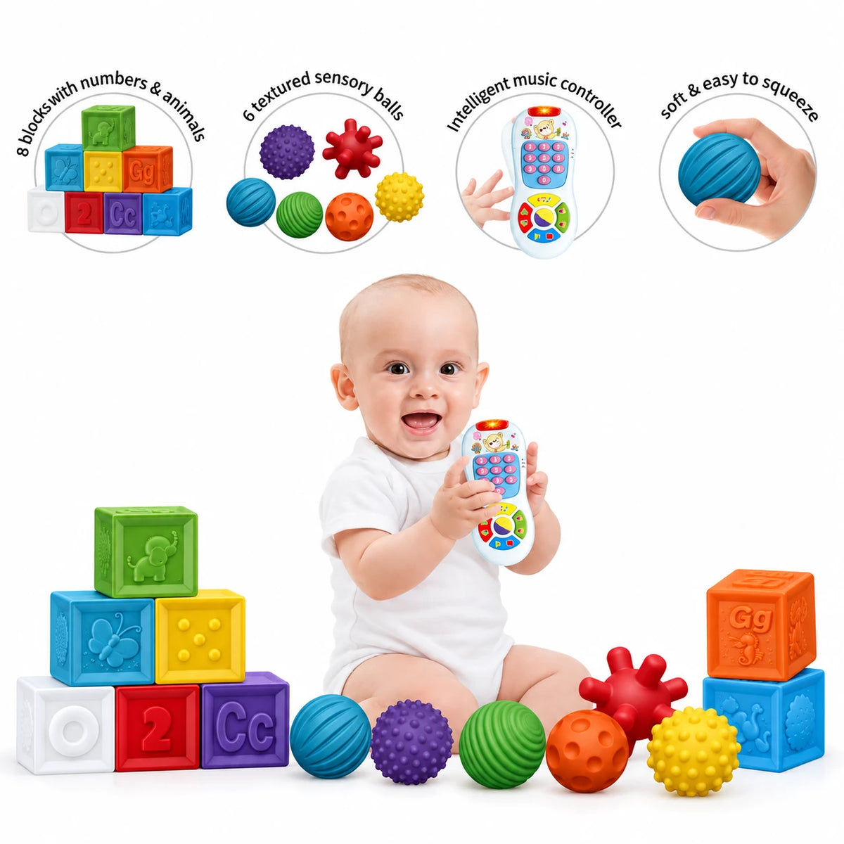 Kids Melody Set Interaktiv me 15 Lodra për Bebe – Kube me Kafshë dhe Telekomandë Muzikore