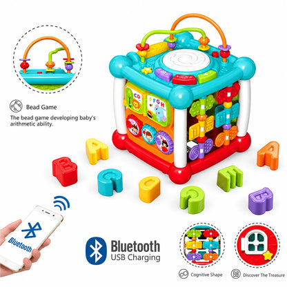 Lodër Kub Muzikor Edukativ 15-në-1 me Daulle, Bluetooth, Drita dhe Renditje Formash