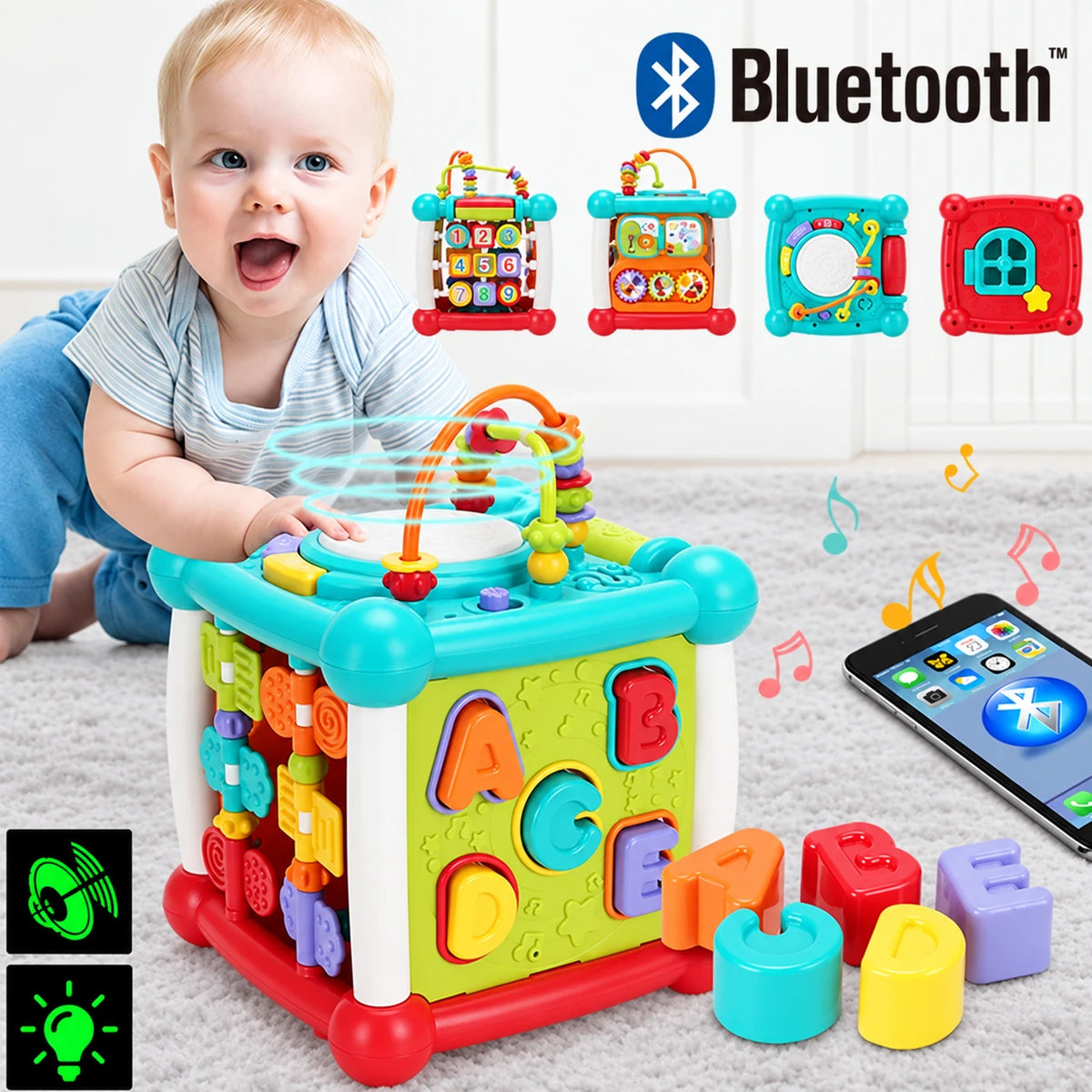 Lodër Kub Muzikor Edukativ 15-në-1 me Daulle, Bluetooth, Drita dhe Renditje Formash