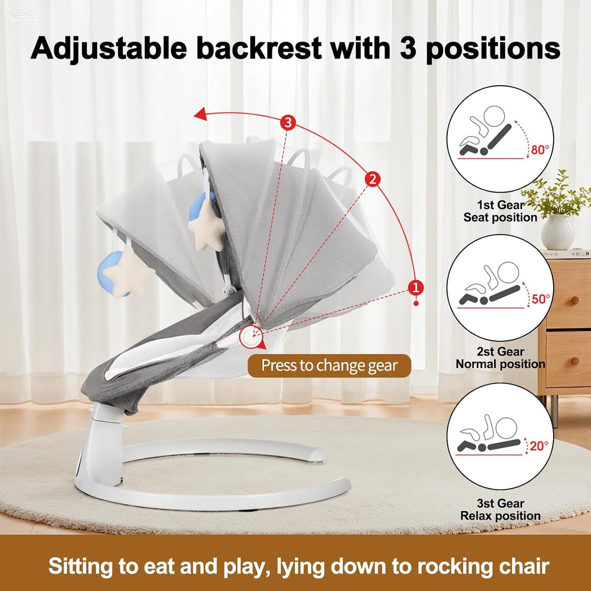 Luhatëse Elektrike Comfort 3 në 1 – Luhatëse & Karrige Rocking, Gri