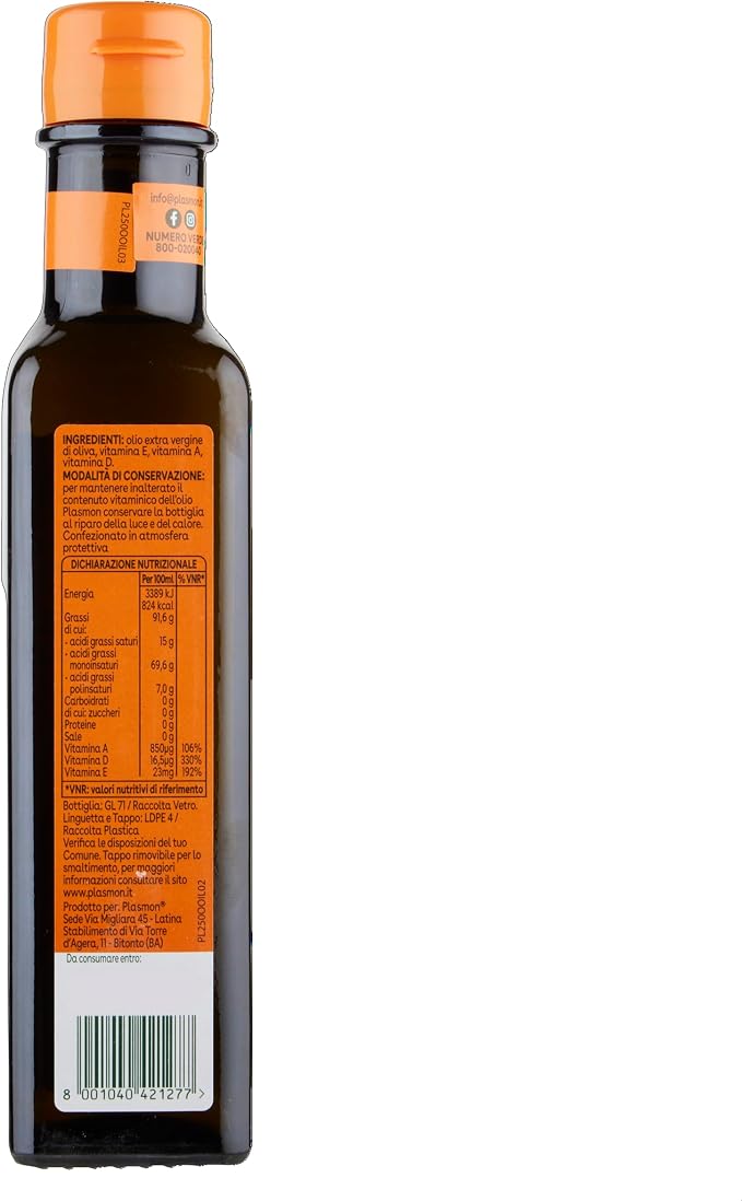 Plasmon Vaj Ulliri Ekstra i Virgjër 250 ml – 100% Ullinj Italianë, i Pasuruar me Vitamina E, A dhe D