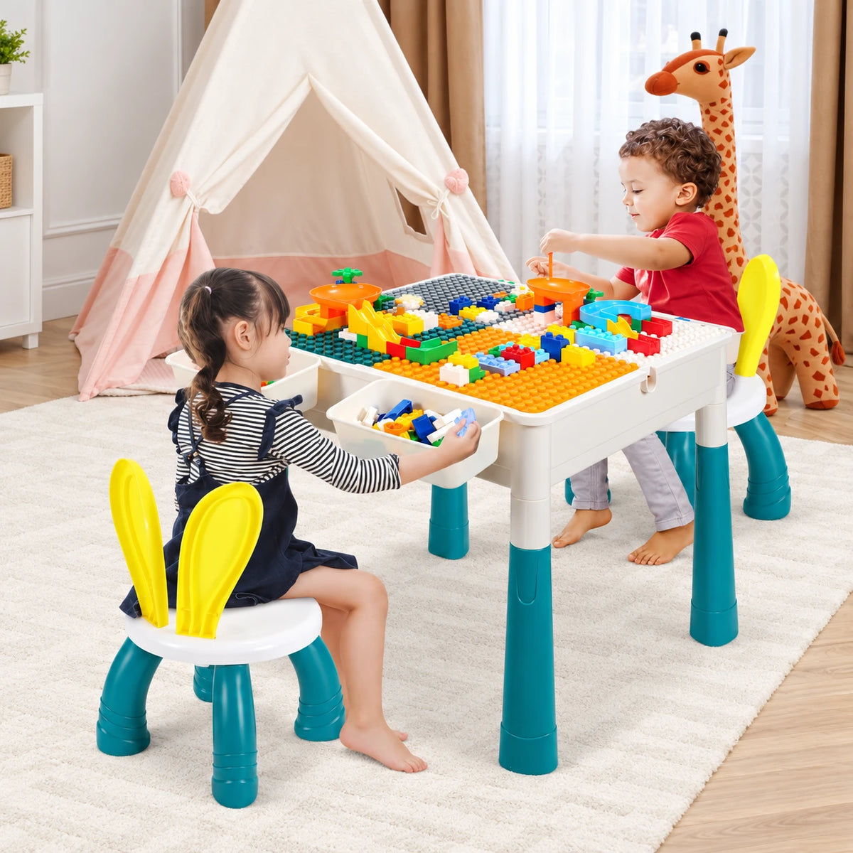 Tavolinë Edukative Multifunksionale për Fëmijë me Karrige, Mbi 200 Kuba Ndërtimi dhe Hapësira Ruajtëse