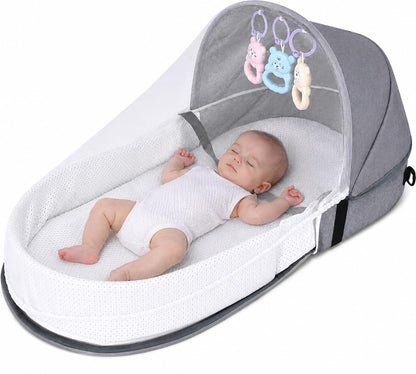Tifibaby 2-në-1 – Shtrat Portativ për Bebe me Muzikë, Rrjetë Kundër Mushkonjave, Lodra të Varura dhe Çantë Shpine