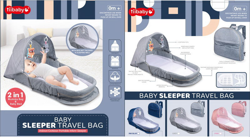 Tifibaby 2-në-1 – Shtrat Portativ për Bebe me Muzikë, Rrjetë Kundër Mushkonjave, Lodra të Varura dhe Çantë Shpine